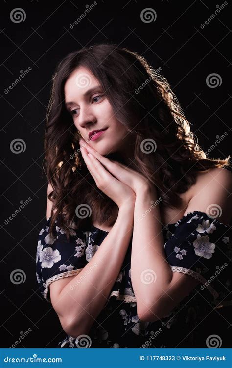 Gorgeous Brunette Model With Curly Hair Ang Natural Makeup Wearing Vintage Dress With Naked