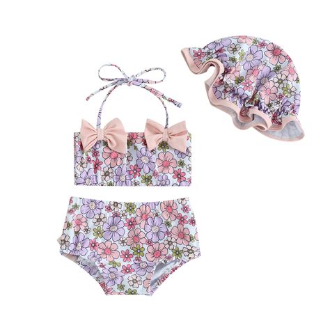 Infant Baby Girl Piece Bikini Set Halter Sleeveless Swimsuits Top Swim Shorts Hat Swimwear