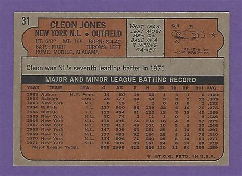 1972 Topps 31 Cleon Jones New York Mets NrMt EBay