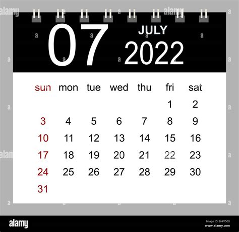 July 2022 Vector Monthly Calendar Template 2022 Year In Simple Style