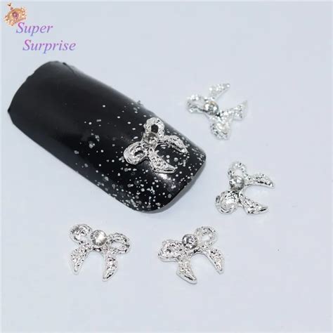 10pcs Manicure White Rhinestone Bow 3d Nail Art Decorationalloy Nail