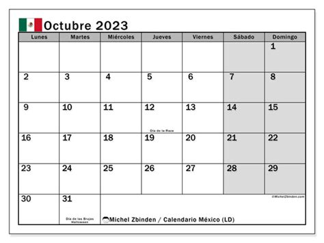 Calendario octubre 2023 - México - Michel Zbinden ES