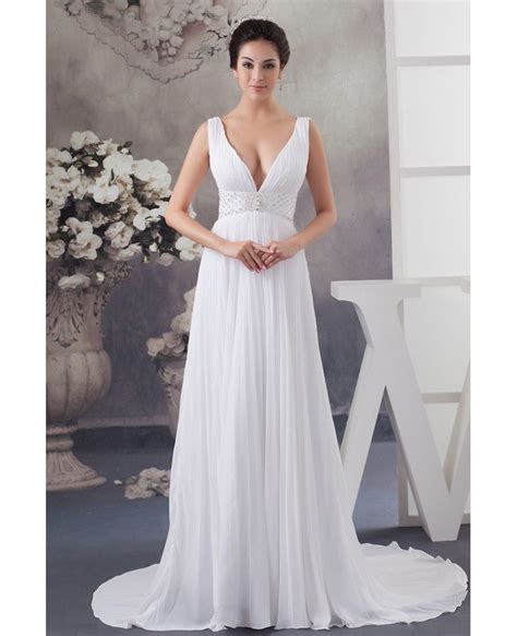 A Line V Neck Sweep Train Chiffon Wedding Dress With Beading Op4789 1643