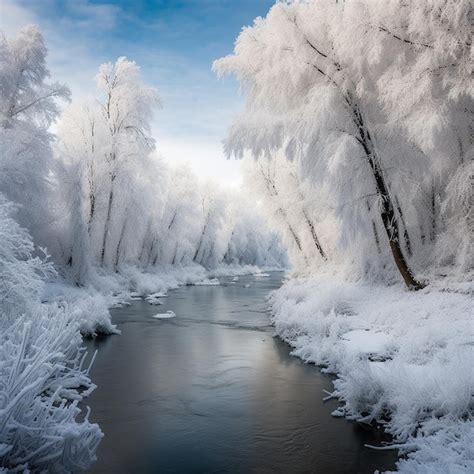 Premium Photo A River Runs Through A Forest Covered In Ice