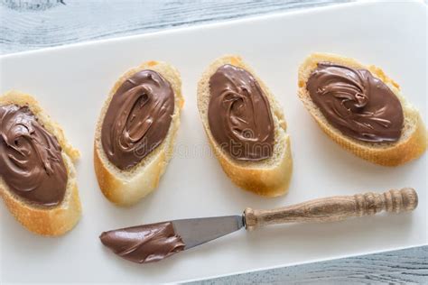 Slices Of Baguette With Chocolate Cream Stock Photo Image Of Gourmet