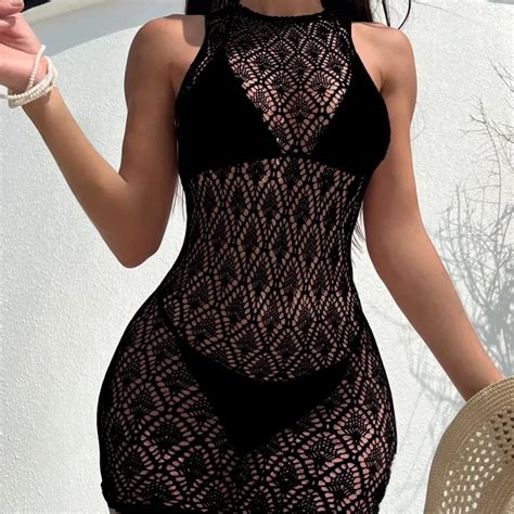 Frauen Sexy Fisch Netz Vertuschen Ohne Bikini Aush Hlen Bodycon Kleid Streewear Durchsichtig