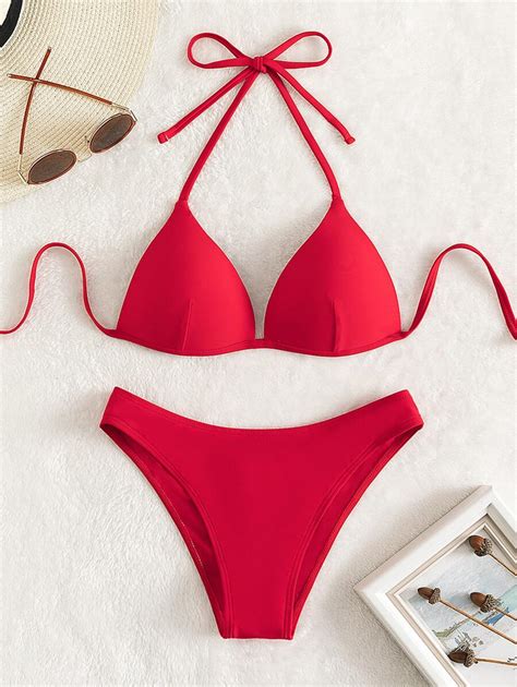 Shein Swim Bikini Costume Da Bagno In Tinta Unita Con Coppa Con Ferretto Stile Vacanza Spiaggia