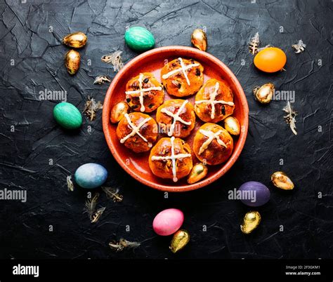 Easter Hot Cross Buns And Holiday Decor Traditional English Easter Buns