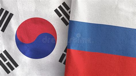 Russia And South Korea Two Flags Textile Cloth 3D Rendering Stock