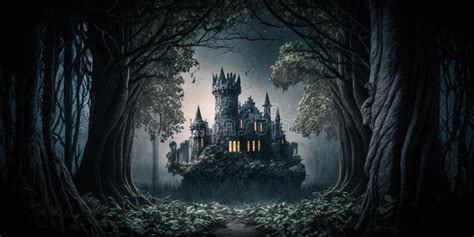 Fantasy Castle in Dark Forest Stock Illustration - Illustration of ...