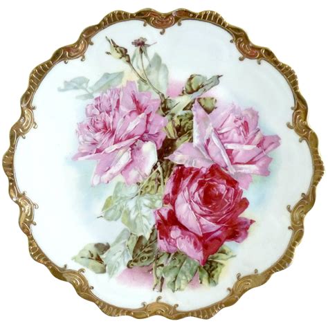 Antique Porcelain Plate Pink Roses Gold Zeh Scherzer Bavaria C 1900