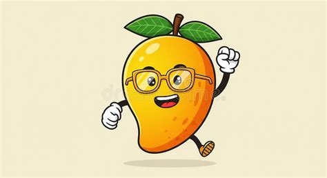 cheerful cartoon mango  glasses smiling  jumping  mango