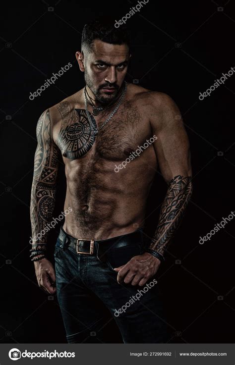 Tattoo Model With Six Pack And Ab Bearded Man With Tattooed Body Man With Sexy Bare Torso In