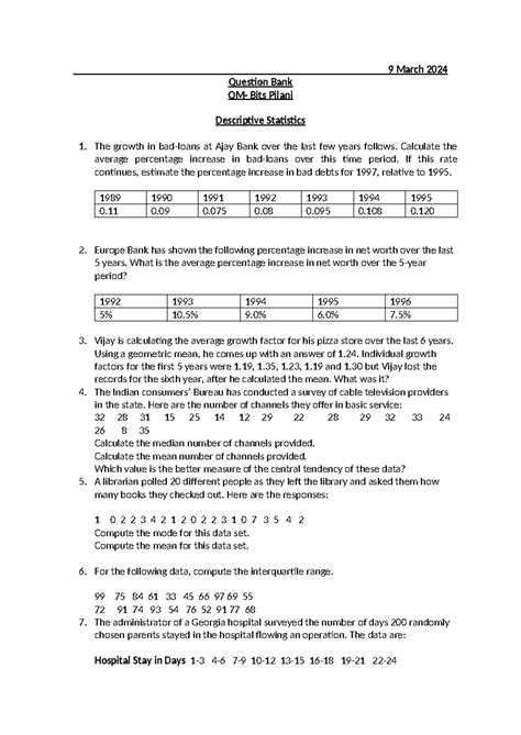 question bank qm bits pilani descriptive statistics probability