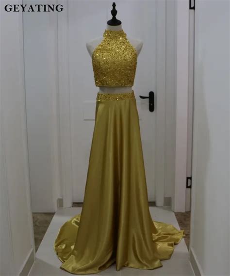 Gold High Neck Long Satin Two 2 Pieces Prom Dresses 2018 Sparkly Beaded