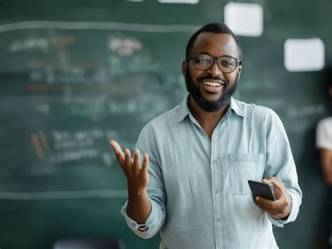 Premium Photo A Smiling Man In Glasses Standing In Front Of A Blackboard