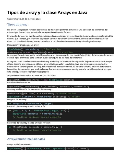 Tipos De Array Y La Clase Arrays En Java Pdf