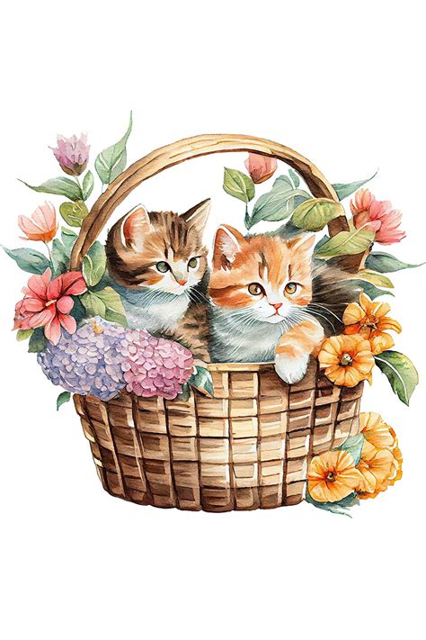 Cute cat in a basket. Милый котик в корзинке. PNG. | Иллюстрации кот ...