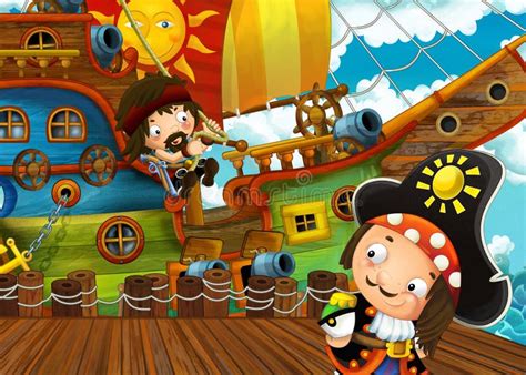 Escena Con Piratas Y Tripulantes En Un Pequeño Barco Y Diseño De