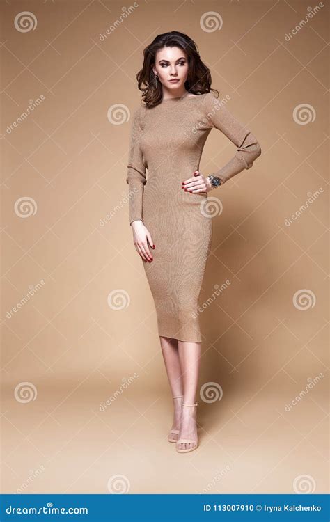 Brunette Hair Woman Beautiful Face Skinny Body Shape Tan Sk Stock Photo Image Of Golden