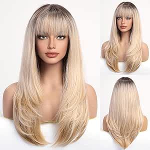 Blonde Unicorn Wigs For Women Long Layered Wigs With Bangs Straight