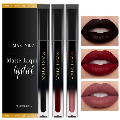MAKI YIKA 3Pc Matte Liquid Lipstick Makeup Set Black Nude Dark Red Lipstick Long Lasting