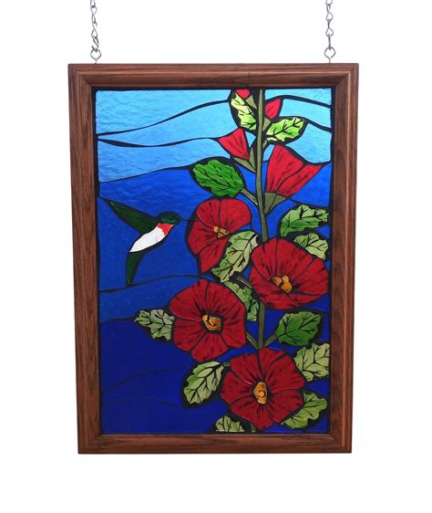 Hummingbird With Red Hollyhocks Stained Glass Mosaic Panel For Etsy Canada In 2022 Flower