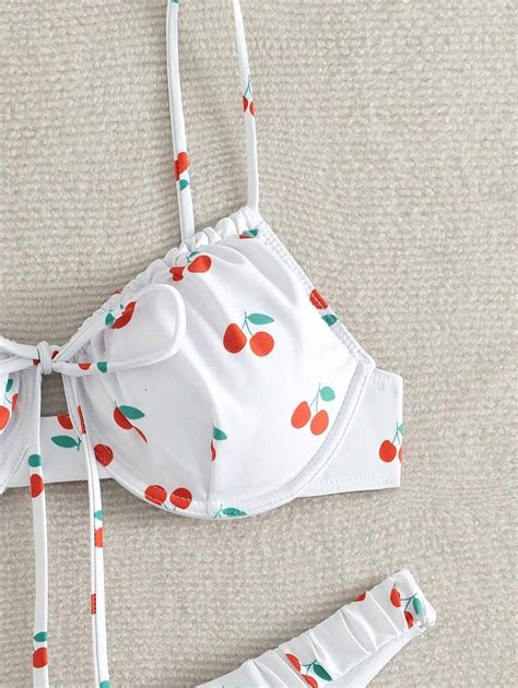 Swim Mod Conjunto de Bikini estampa de cereja e nó frontal para mulheres de praia de verão