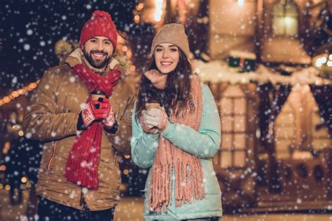 Photo Of Adorable Cute Wife Husband Holding Hot Beverages Tea Mugs Walking Outside City Fair