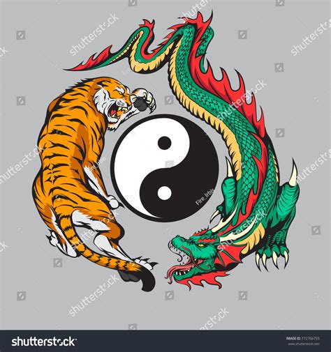 дракон борьба с тигром вокруг инь: стоковая векторная графика (без ...