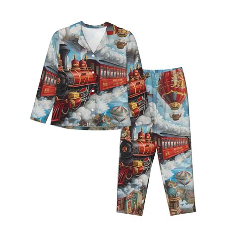 Daiia Red Train Hot Air Balloon For Women S Long Sleeved Pajama Set Soft Comfortable