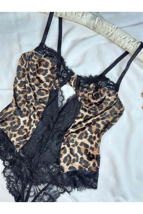 ROZENİN LINGERIE Leopar Desenli Dantelli Balenli Kapsız Transparan