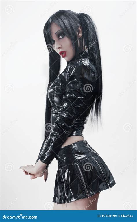 Donna Sexy Del Brunette In Costume Nero Del Vinile Immagine Stock Immagine Di Provocante Nero