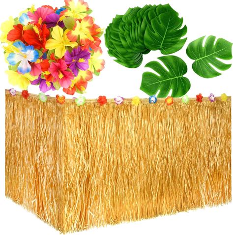 Amazon KUUQA Luau Hawaiian Grass Table Skirt And 48 Pcs Artificial