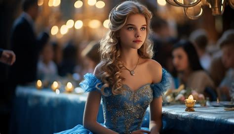 Premium AI Image A Girl Like Princess Blonde Hair In A Blue Princess Dress