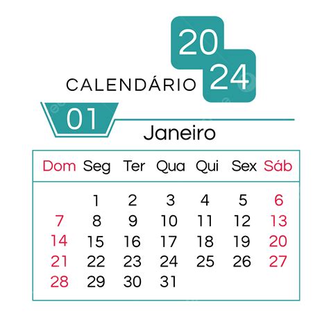 Calendário Janeiro Verde Português 2024 PNG 2024 Português