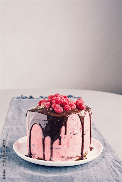 Pretty Naked Cake With Pink Frosting Dark Chocolate Ganache And Stock Photo Adobe Stock