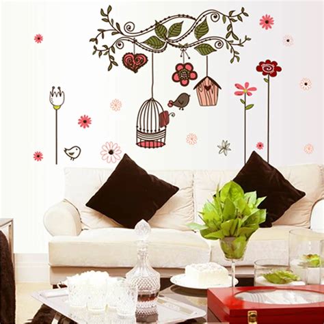 Large Elegant Flower Wall Stickers Graceful Peach Blossom Birds Wall