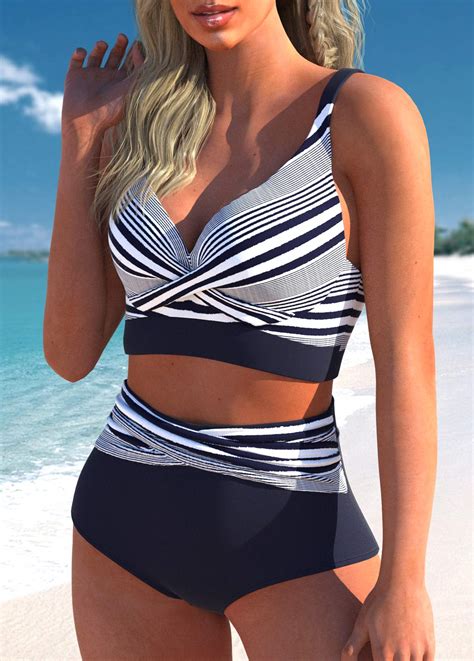 High Waisted Striped Surplice Navy Bikini Set Rosewe Usd