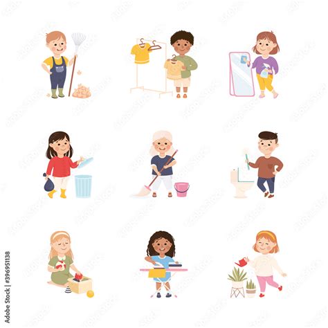 Kid Helping Their Parents With Housework Set Boys And Girls Doing