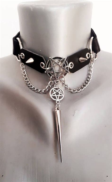 Gothic Leather Pentagram Choker Pagan Wicca Spiked Choker Etsy Emo