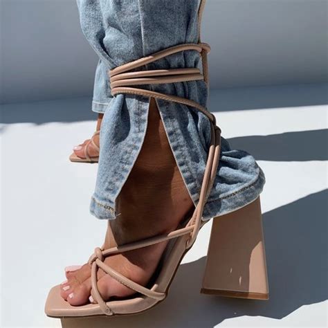 Lemonade Shoes New Nude Open Toe Laceup Ankle Strap Block Chunky High Heel Gladiator Sandal