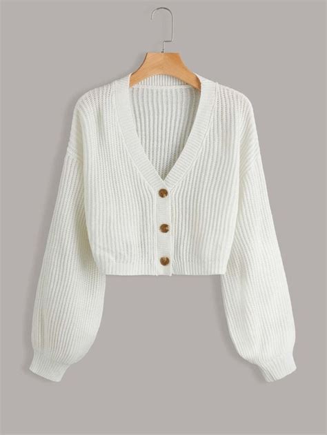 Shein Ezwear Lantern Sleeve Button Front Rib Knit Cardigan Knit