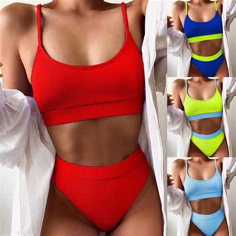 Travelwant Women High Waisted Bikini Set Sports Color Block Swimsuit Scoop Neck Cheeky Bathing