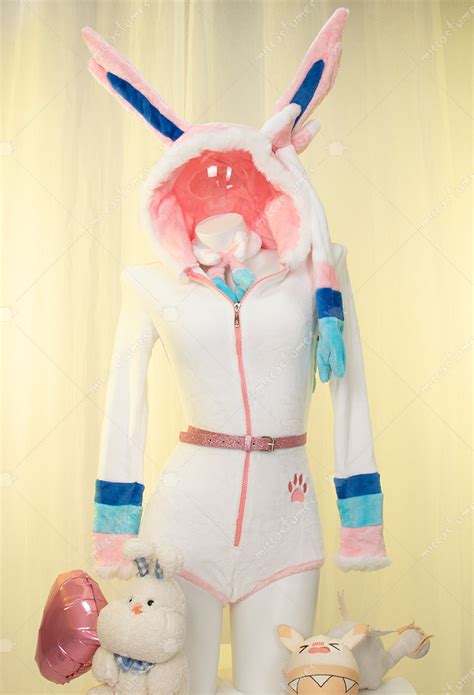 Sylveon Derivative Sexy Fluffy Hooded Bodysuit Halloween Deep V Kawaii One Piece Lingerie