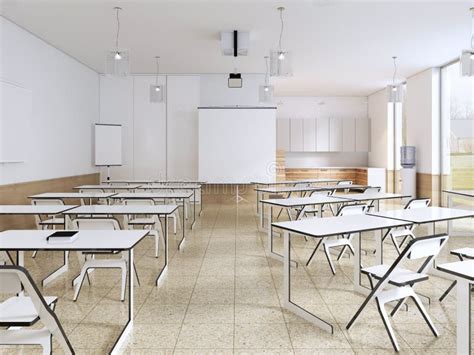 Modern Classroom With Large Panoramic Windows And White Desks Bright Interior Stock