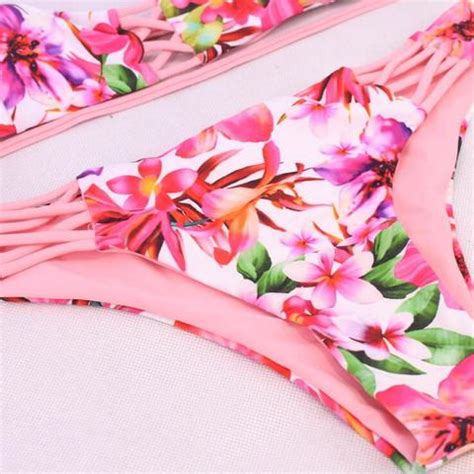 Sexy Fashion Pink Floral Halter Chest And Bottom Side Hollow Two Piece Bikini On Luulla