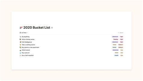 Notion Bucket List Template