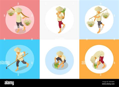 Rice Production Isometric Set Of Circle Compositions With Characters Of