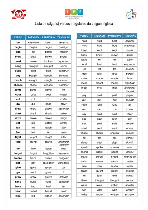 000 Lista Verbos Irregulares Cabeçalho Ipe Lista De Alguns Verbos Irregulares Da Língua